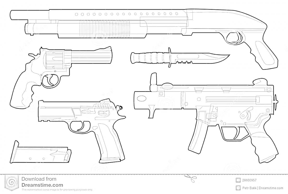 На раскраске изображено: Пистолет, Револьвер, Дробовик, Нож, Штурмовая винтовка, Магазин, Оружие, Standoff 2