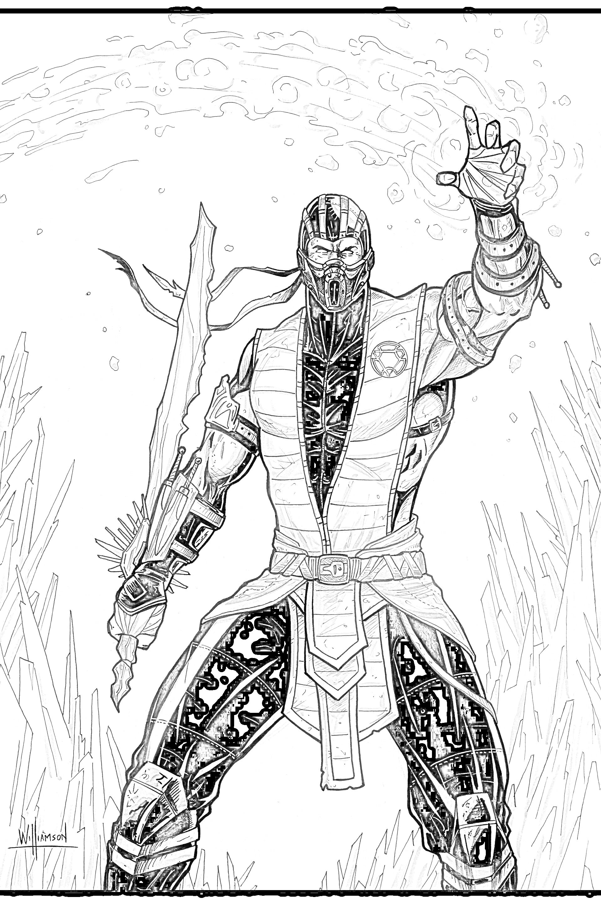 Раскраска Нуб Сайбот из игры Mortal Kombat 11 с поднятой рукой, мечем в другой руке и фоном с ледяными шипами