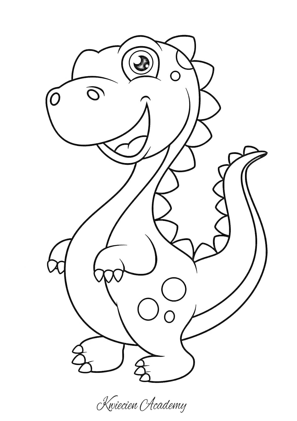 Раскраска Динозаврик с пятнами, улыбающийся, стоящий на задних лапах