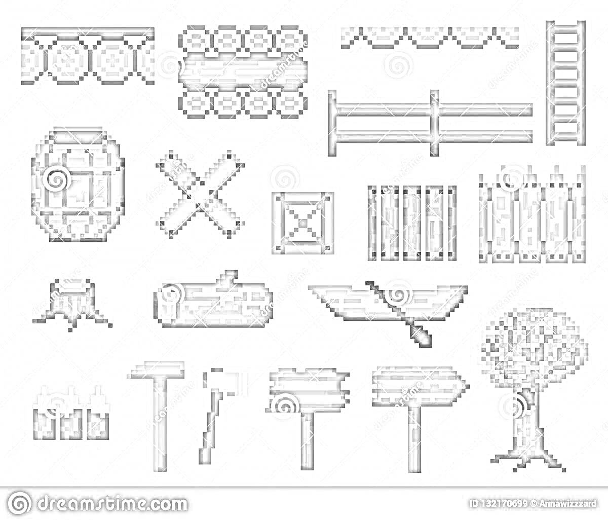 На раскраске изображено: Пиксельарт, Лес, Декор, Бревно, Изгородь, Забор, Лестница, Бочка, Лодка, Пень, Указатели, Костер
