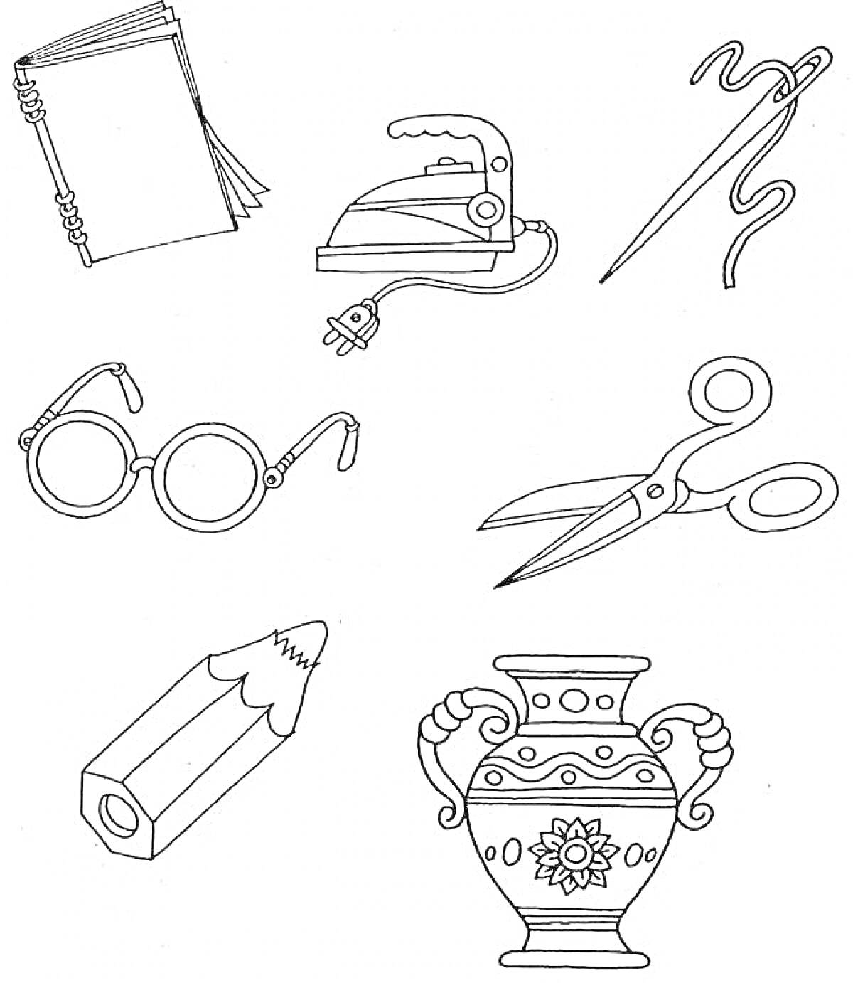 На раскраске изображено: Ножницы, Утюг, Опасность, Предметы, Острые предметы, Бытовые предметы