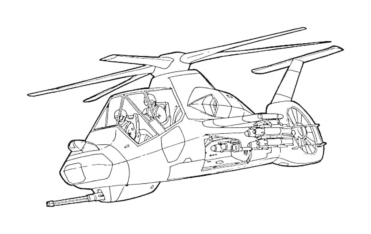 На раскраске изображено: Военный вертолет, Пилот, Пушка, Пропеллеры, Хвостовой винт, Авиация, Техника, Вертолет, Оружие