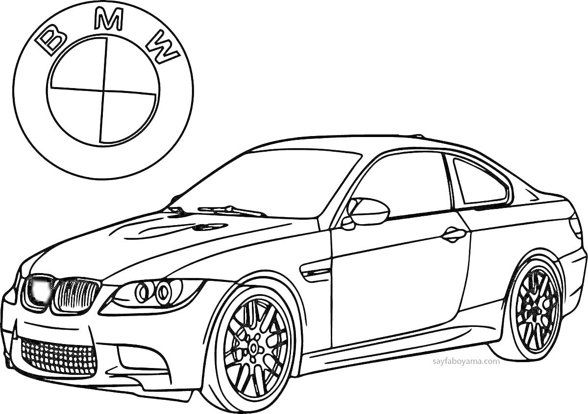 Раскраска BMW M5 рядом с логотипом BMW