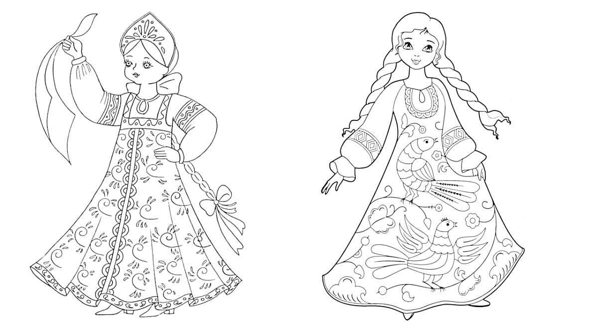 Раскраска Девочки в русском народном костюме. На рисунке изображены две девушки в традиционной русской одежде. Первая девушка с кокошником на голове, в длинном платье с рукавами и узорами, в одной руке держит платок. Вторая девушка с длинными косами, одета в платье