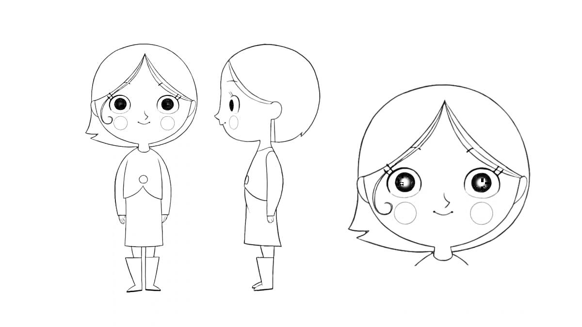 Раскраска Девочка в полный рост спереди, профиль и крупный план лица