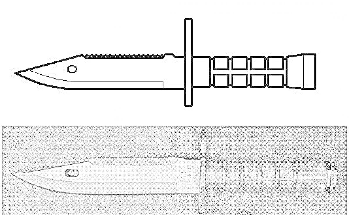 На раскраске изображено: Нож, Оружие, Военное снаряжение, Лезвие, Зазубренное лезвие, Рукоятка