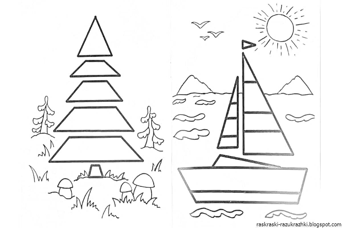 Раскраска Рисунок с геометрическими фигурами: ёлка, лодка, солнце, птицы, грибы, деревья, горы