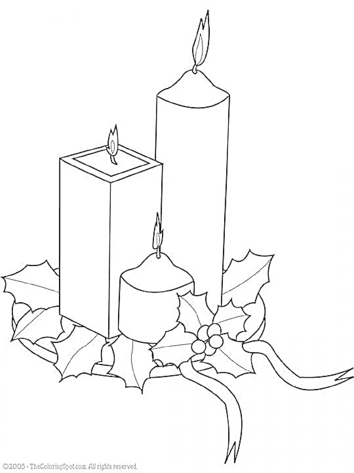 На раскраске изображено: Рождество, Свечи, Остролист, Листья, Ягоды, Композиция, Горящие свечи, Новогодний декор