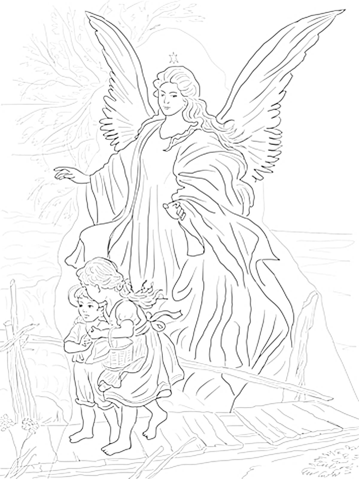 На раскраске изображено: Ангел, Мост, Защитник, Крылья, Река, Забота, Для детей