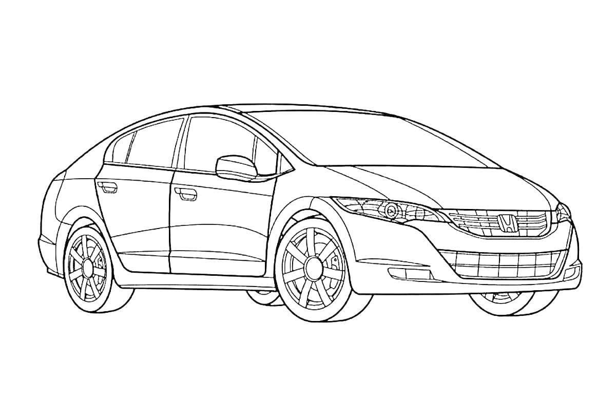 Раскраска Раскраска автомобиля Honda Accord с передними и задними дверями, капотом, фарами, решеткой радиатора и колесами