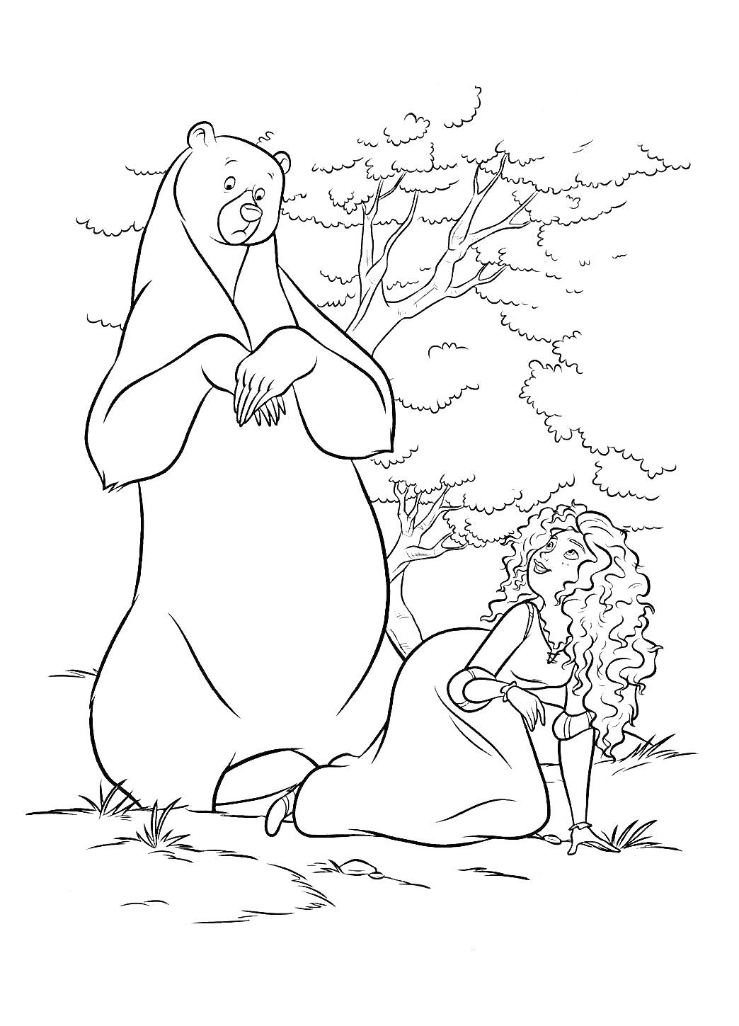 Медведь и девушка с кудрявыми волосами на фоне деревьев