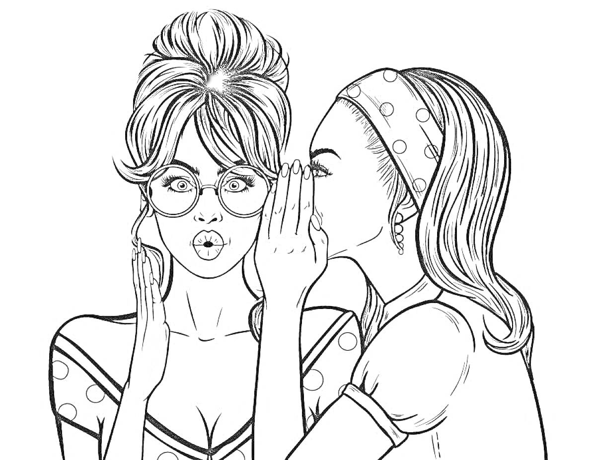 Раскраска Две девушки делятся секретами, одна в очках, другая с повязкой на голове