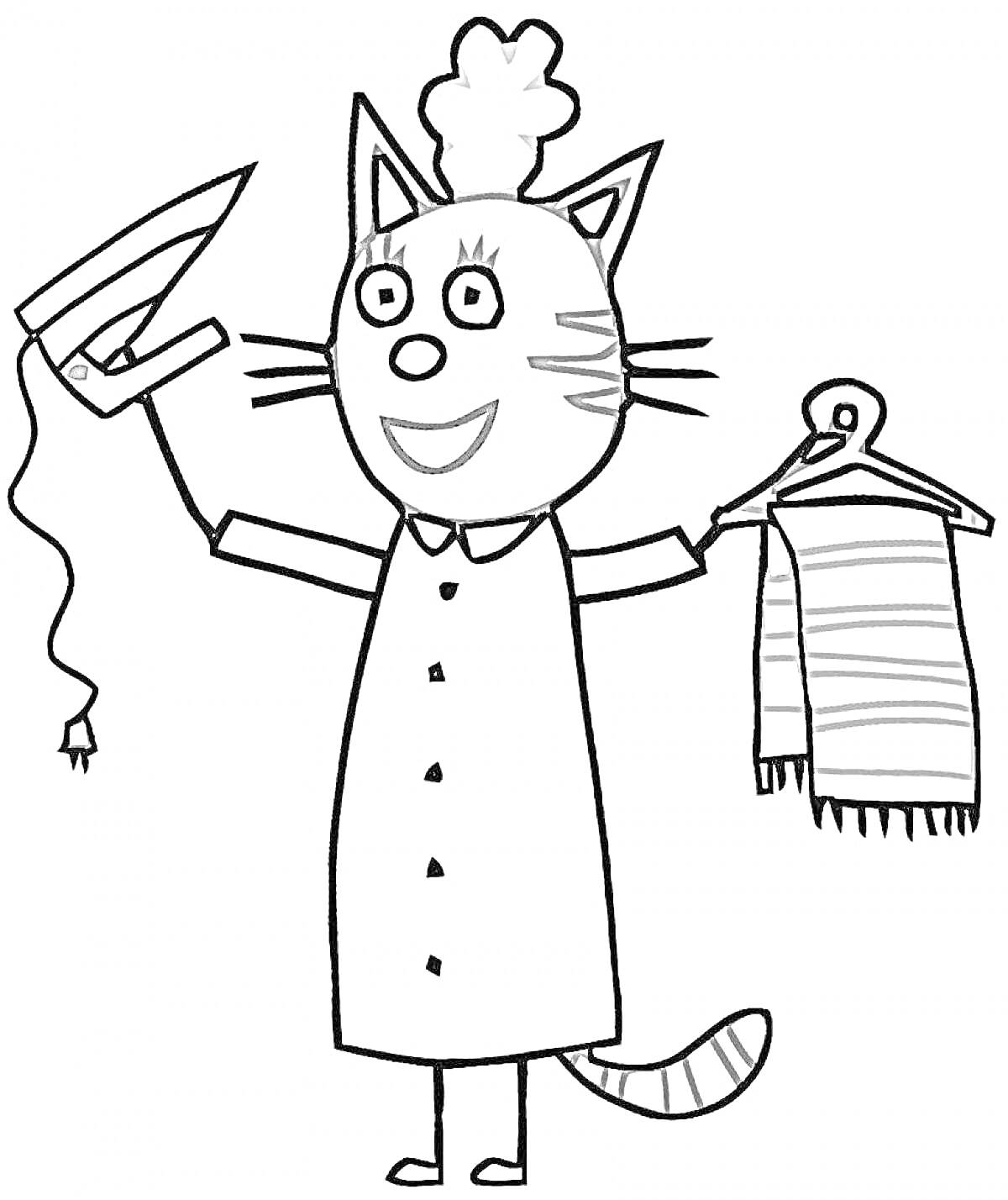 Раскраска Кошка гладит одежду и держит вешалку с шарфом