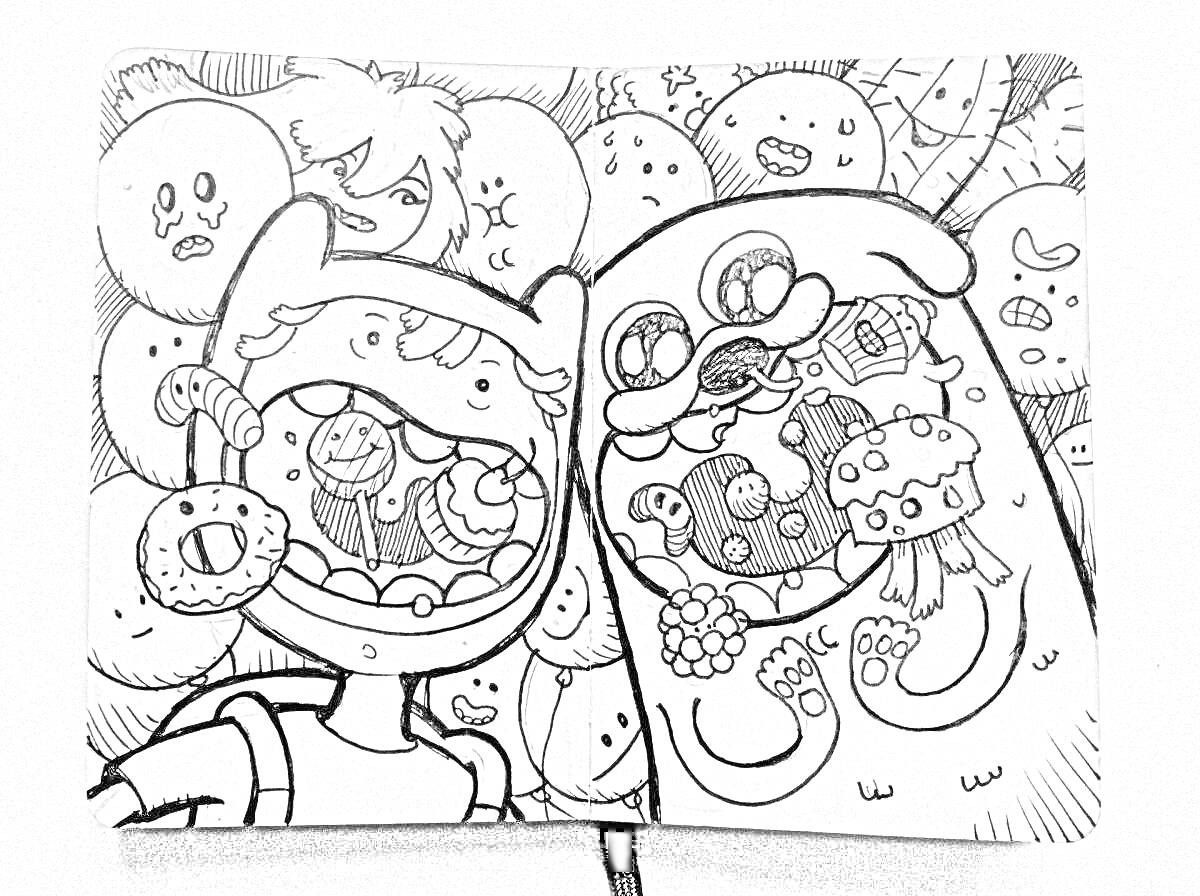 Раскраска Два персонажа с булочками, пончиками и деревьями на заднем плане в скетчбуке