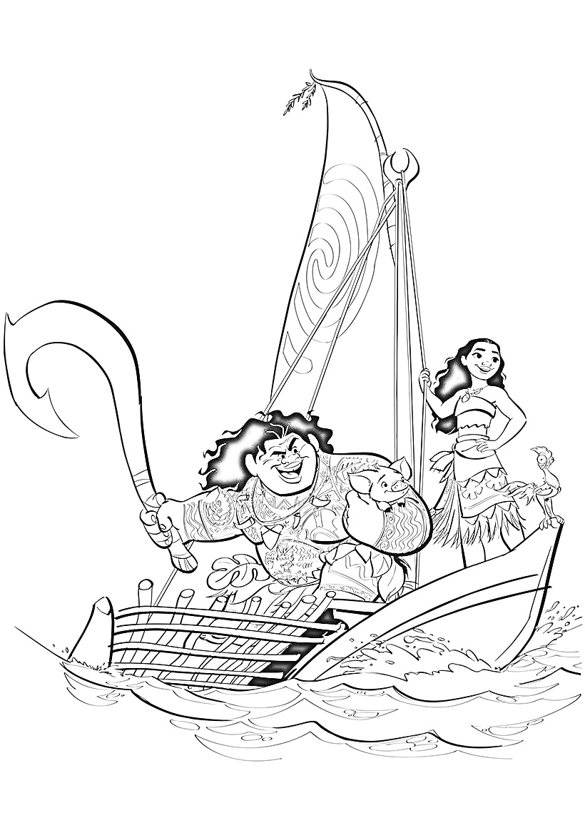 Раскраска Моана на лодке с напарником и двумя животными в бурном море