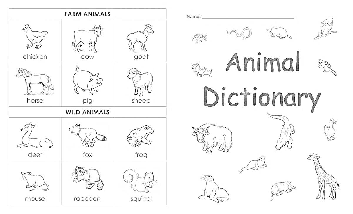 Animal Dictionary с рисунками различных домашних и диких животных