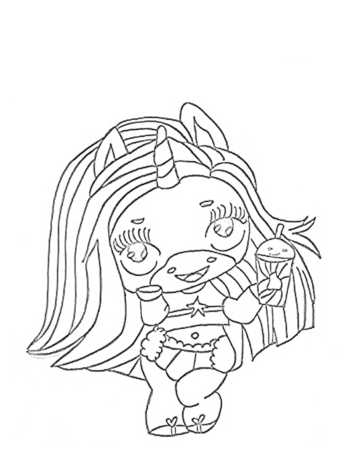 Раскраска Пупси Единорог с длинными волосами, в наряде с звездочкой, держащий мороженое и звездочку