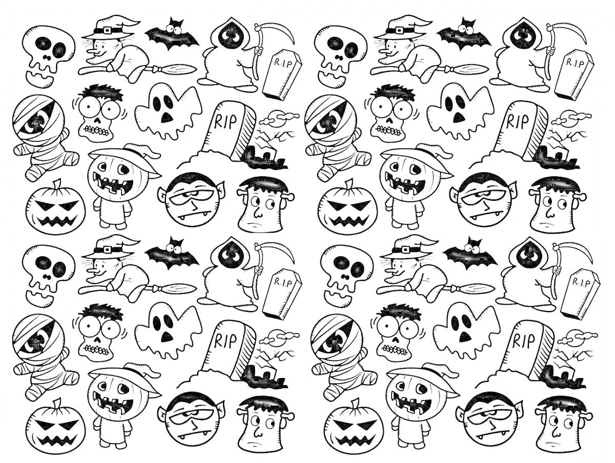 Раскраска Хеллоуин: мумия, череп, летучие мыши, могильные плиты, привидения, тыквы, загадочные лица, человек в капюшоне, робот, человек с крестом на лбу, мальчик-скелет
