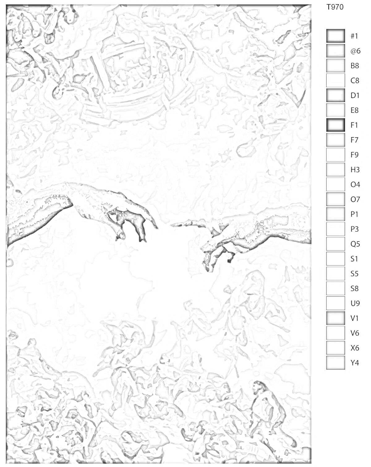 На раскраске изображено: По номерам, Микеланджело, Искусство, Руки, Подробности