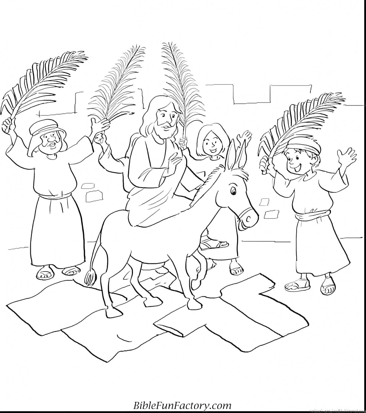 Раскраска Вход Иисуса в Иерусалим на осле с людьми, держащими пальмовые ветви