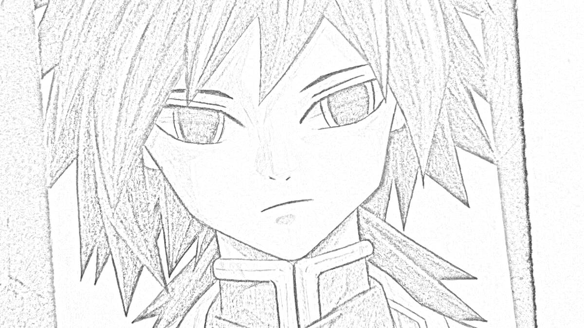 Гию Томиока, портрет в стиле аниме в черно-белой гамме