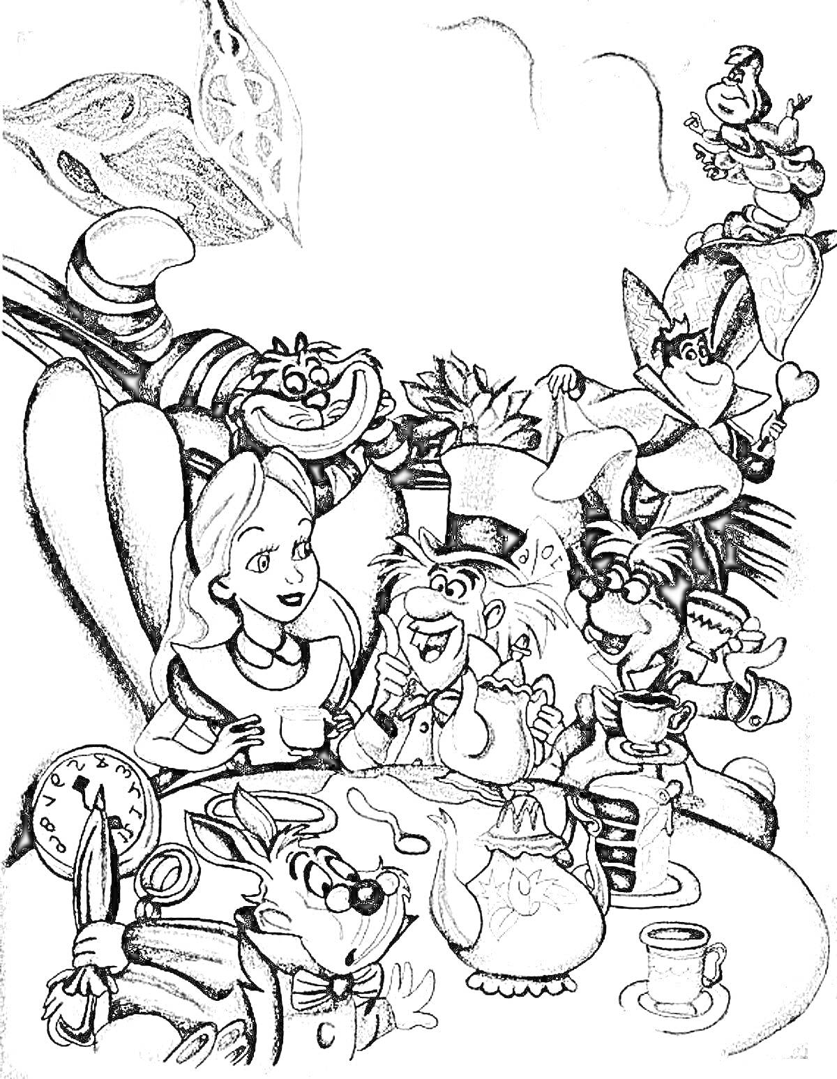 Раскраска Чаепитие с Алисой, Шляпником, Зайцем и другими персонажами