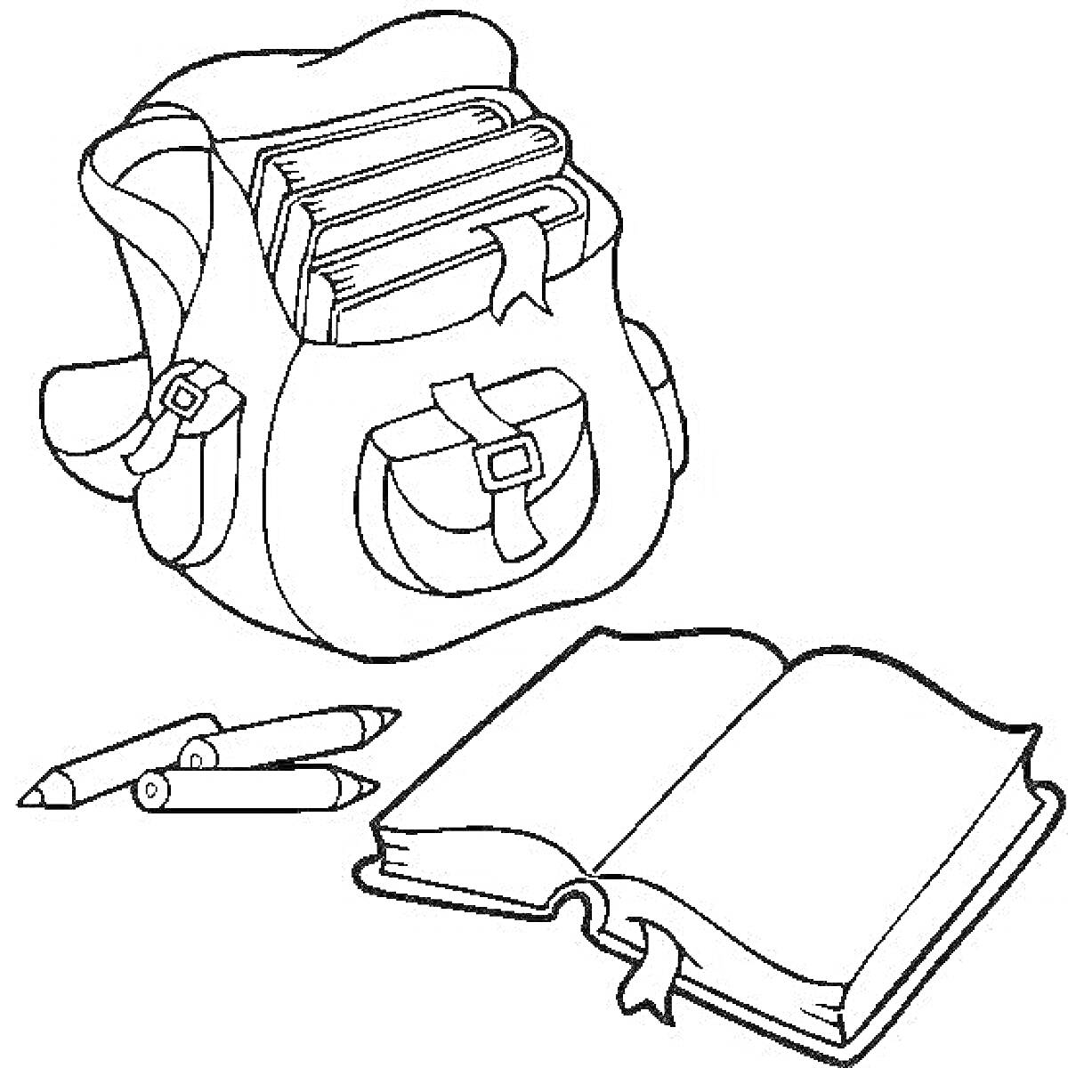 На раскраске изображено: Рюкзак, Карандаши, Книга, Школьные принадлежности, Школьный рюкзак