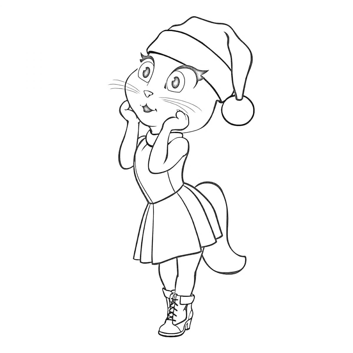 РаскраскаАнжела в шапке Деда Мороза, стоящая на задних лапах, в платье и ботинках