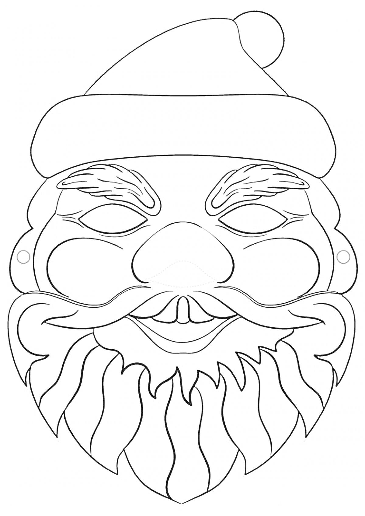 Раскраска Маска Деда Мороза с бородой, усами и шапкой