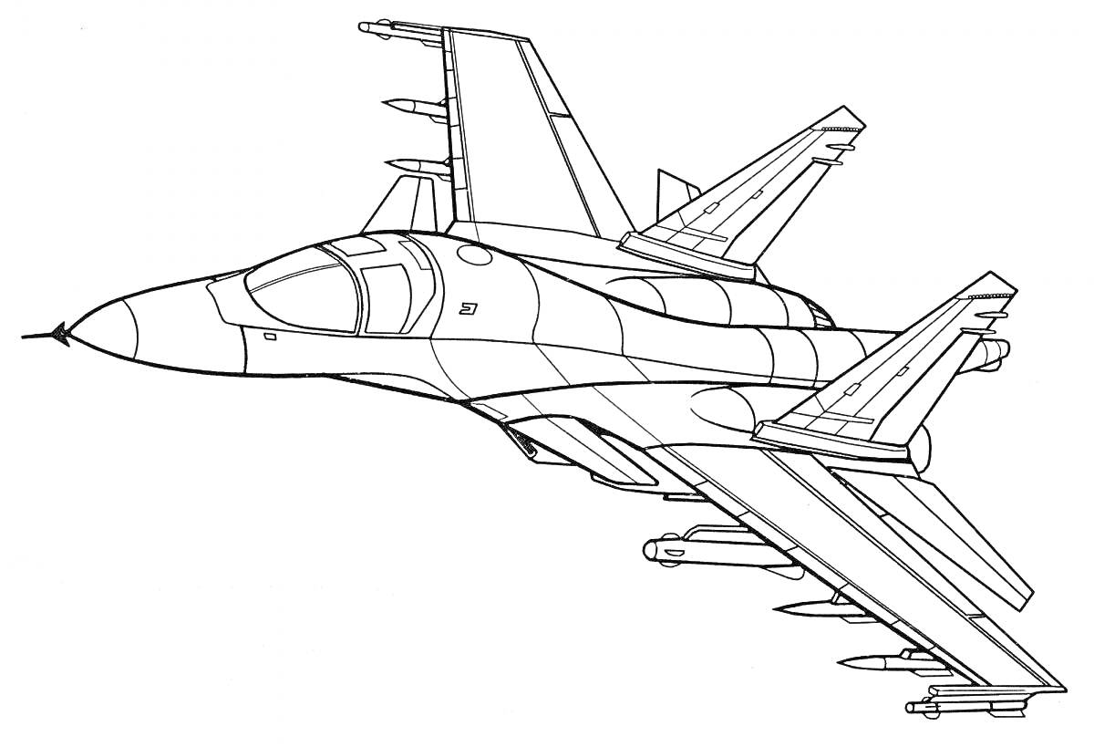 Раскраска Истребитель Су-27 с четырьмя ракетами на крыльях в полёте
