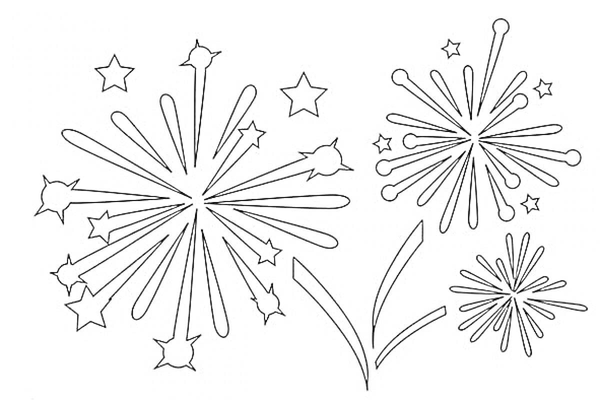 Раскраска Салют с искрящимися фейерверками и звездами