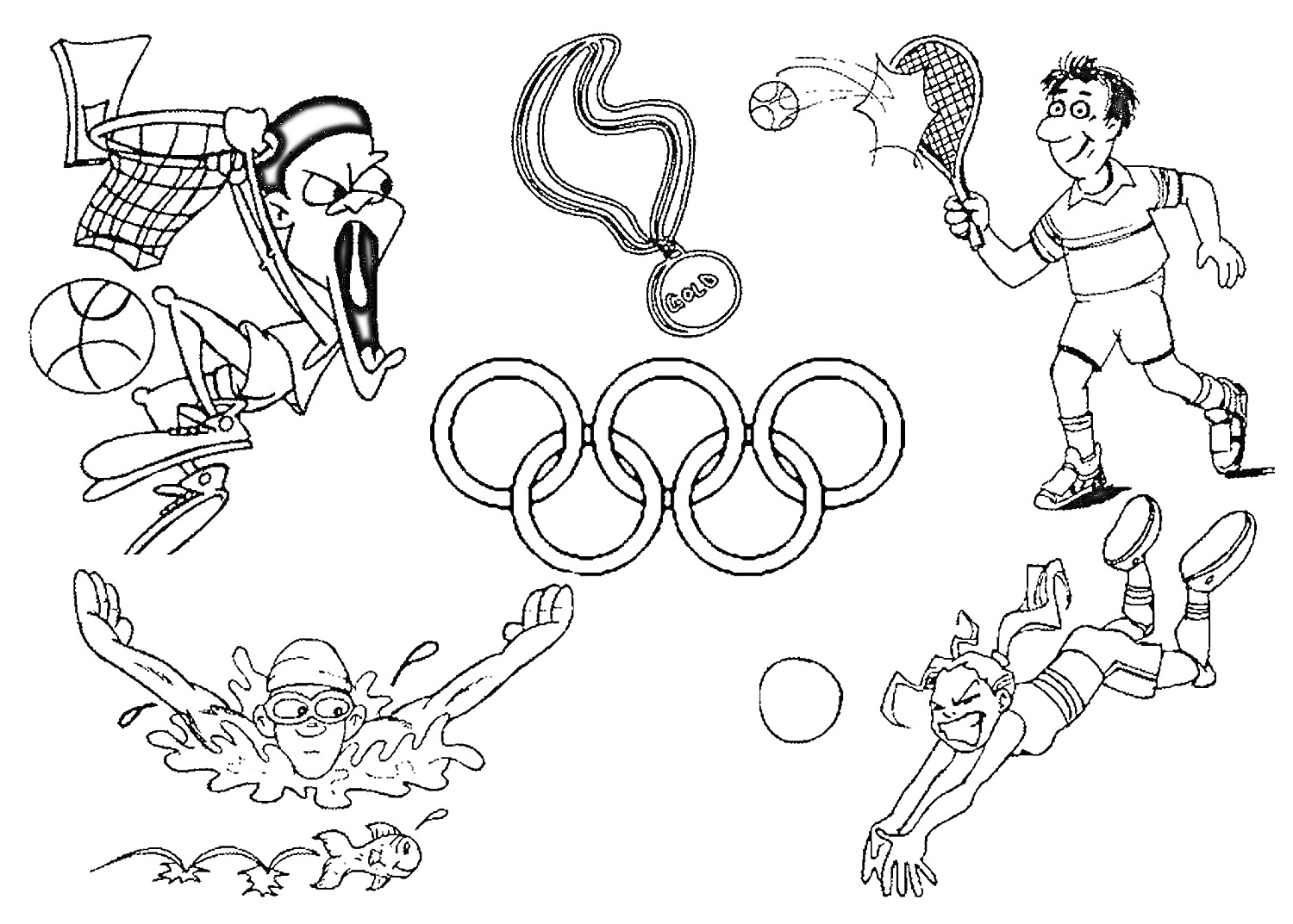 Раскраска Баскетболист, хоккеист с теннисной ракеткой, спортсмены: пловец, волейболист и теннисист с мячом, олимпийские кольца и медаль с надписью 