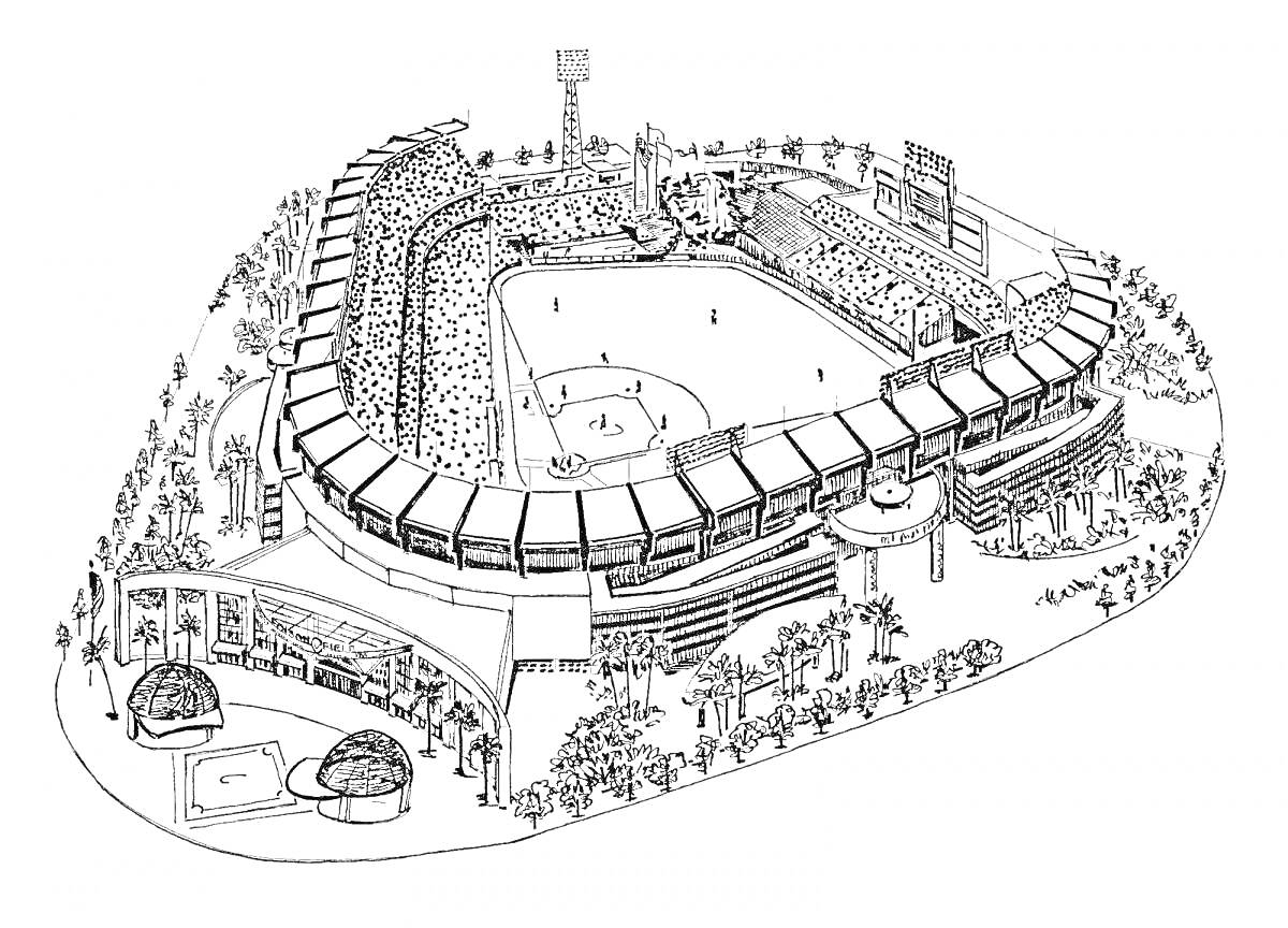 На раскраске изображено: Стадион, Футбольное поле, Трибуны, Зрители, Деревья, Табло