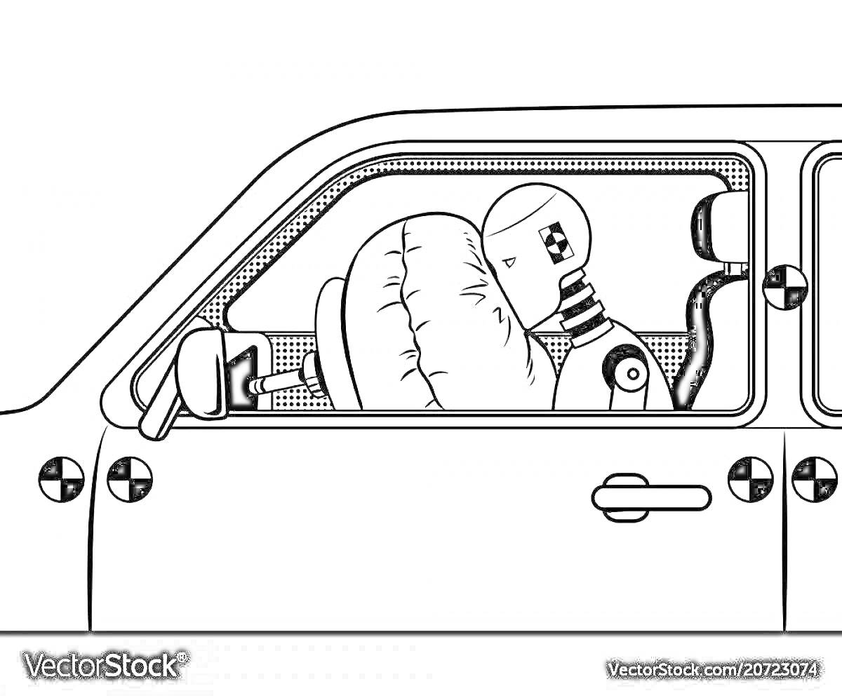 Раскраска автомобиль сбоку с нарисованным манекеном и сработавшими подушками безопасности внутри