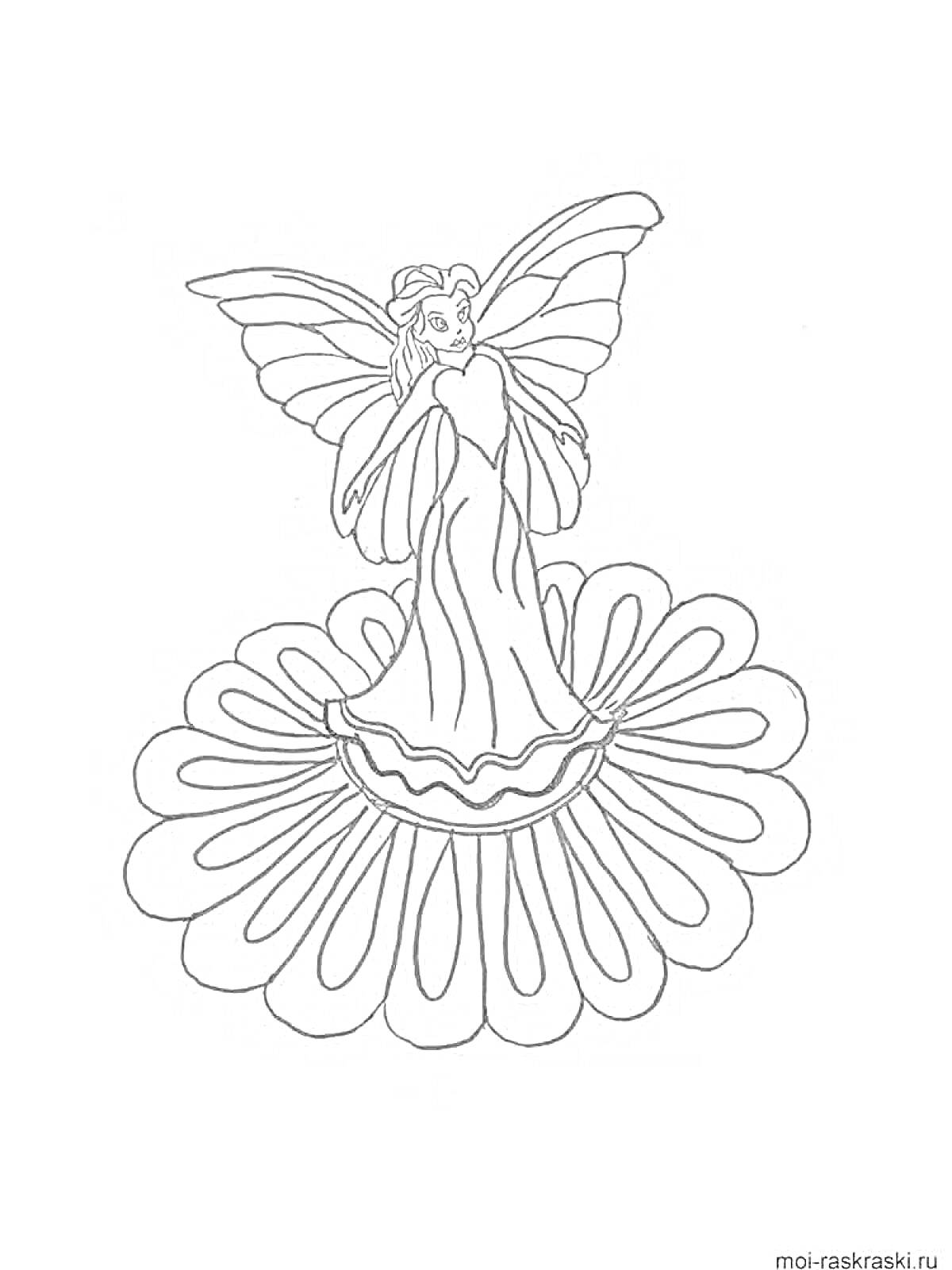 Раскраска Фея с крыльями на большом цветке