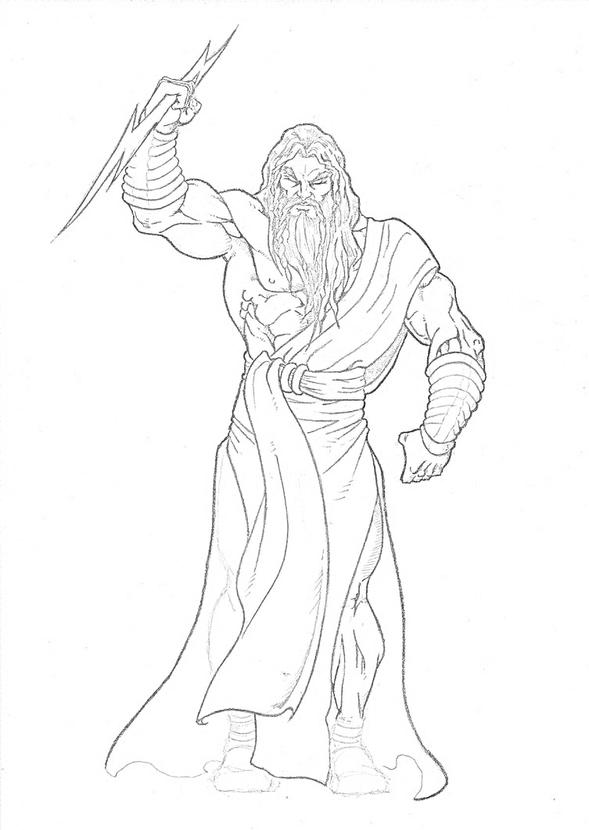 Раскраска Зевс с молнией в руке, бородатый мужчина в древнегреческом одеянии, с броней на руках