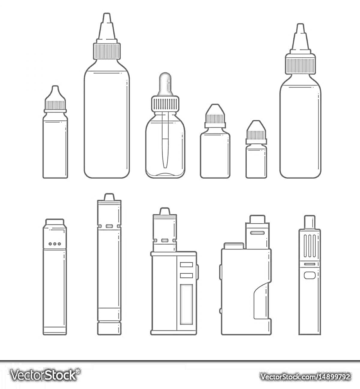 Раскраска Разнообразные модели вейпов и бутылочки для заправки