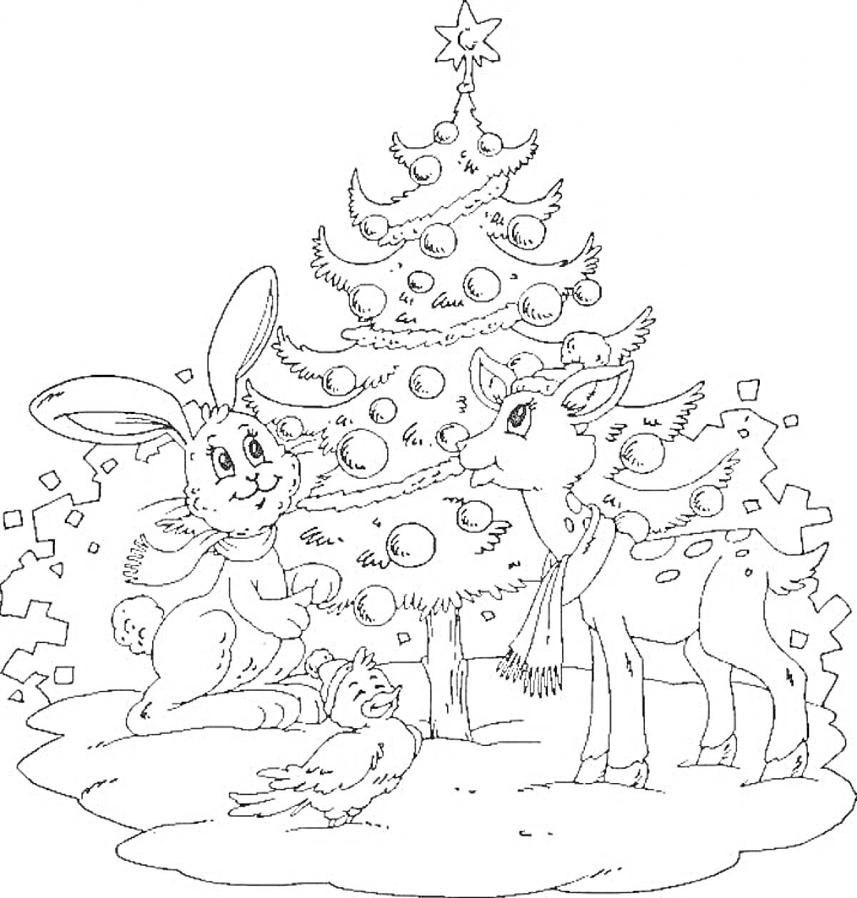 Раскраска Новогодняя ёлка, заяц, олень в шарфе и птичка