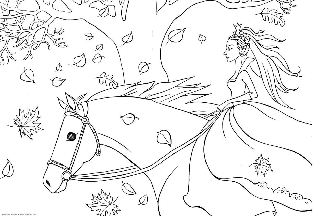 На раскраске изображено: Лошадь, Девочка, Осенние листья, Лес, Принцесса, Для девочек