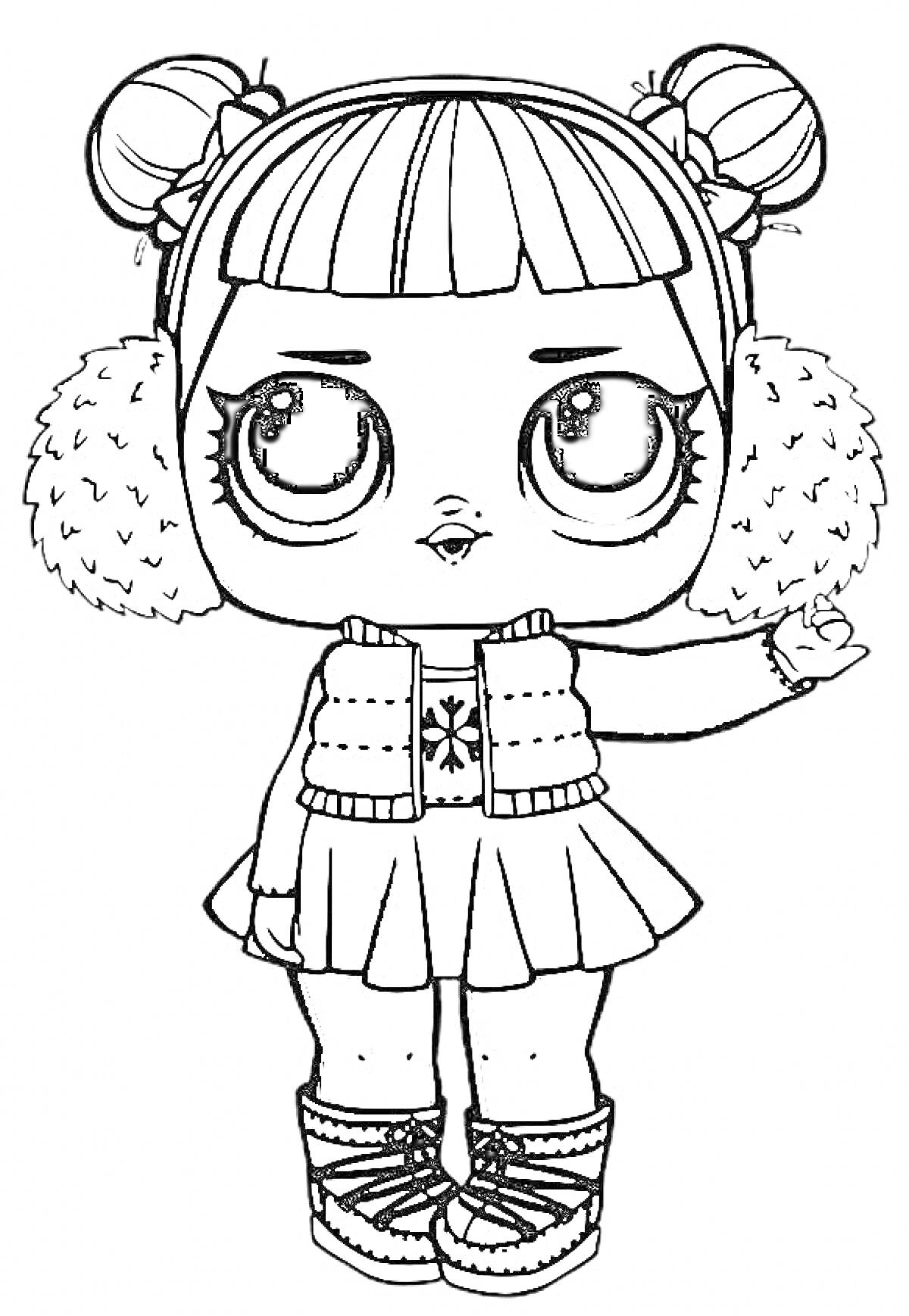 Раскраска Кукла Лол в наушниках с мехом, вязаном жилете, юбке и сапогах