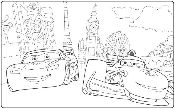 Раскраска Машины из мультфильма на фоне архитектурных достопримечательностей (Часовая башня, колесо обозрения, Эйфелева башня)