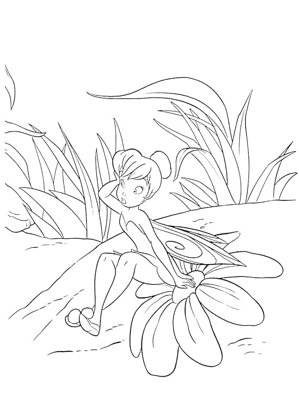 Раскраска Фея Динь-Динь сидит на цветке перед зарослями травы