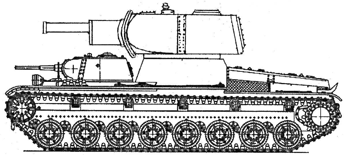 Раскраска Обрисовка танка КВ54 с деталями, включая гусеницы, колёса, корпус, башню, пушку.