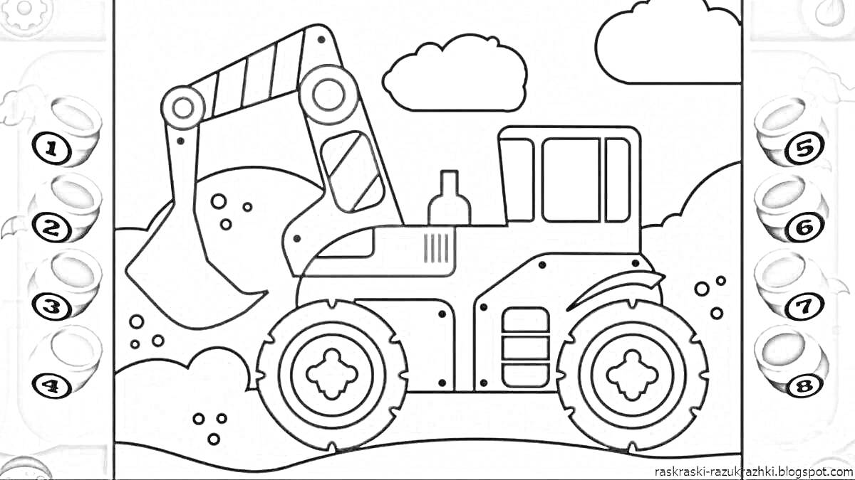 На раскраске изображено: Экскаватор, Техника, Облака, Холмы, 3 года, 4 года, Авто