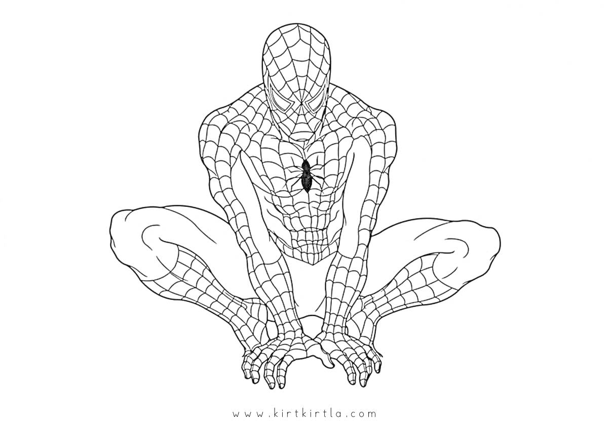 На раскраске изображено: Человек-паук, Мстители, Костюм, Паутина, Вдали от дома
