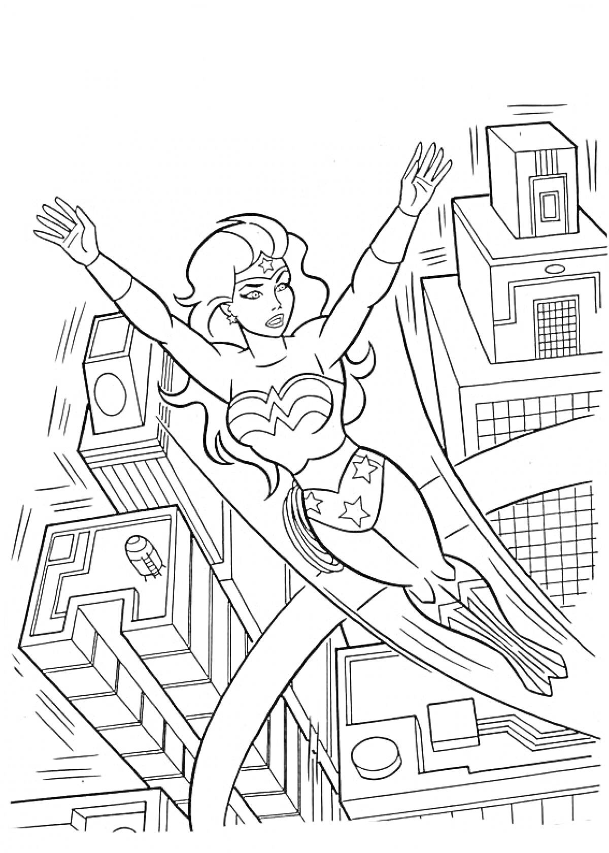 Раскраска Чудо женщина летит над городом, небоскребы, развивающиеся волосы, летающий супергерой