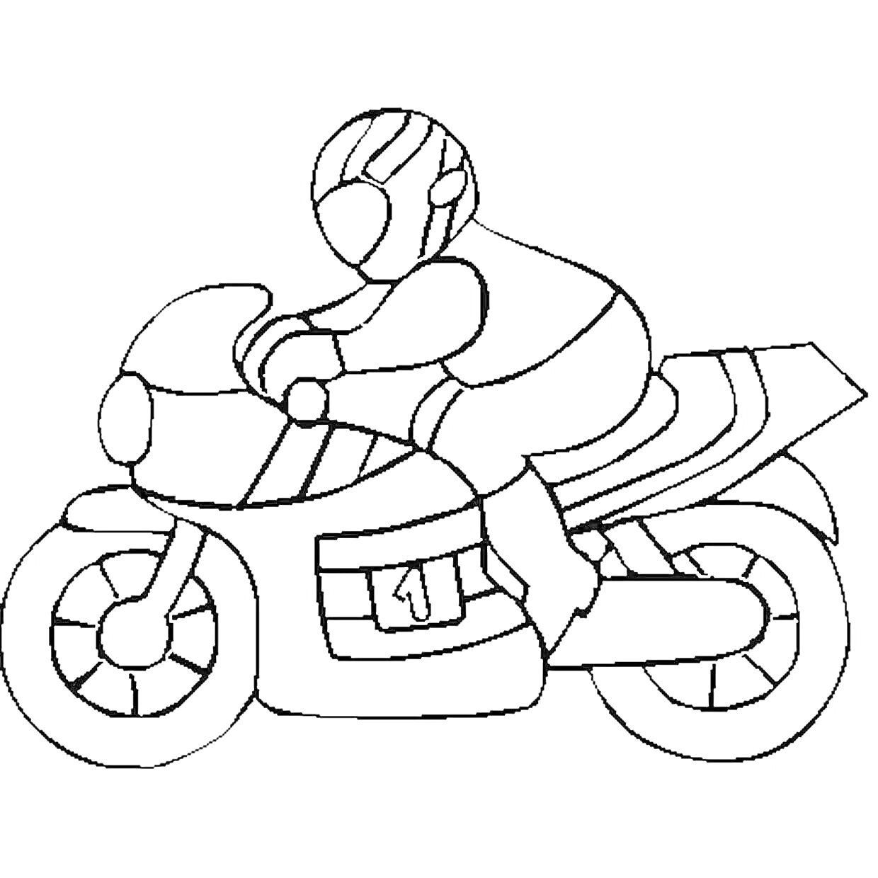 На раскраске изображено: Мотоциклист, Мотоцикл, Спорт, Транспорт, Средняя группа