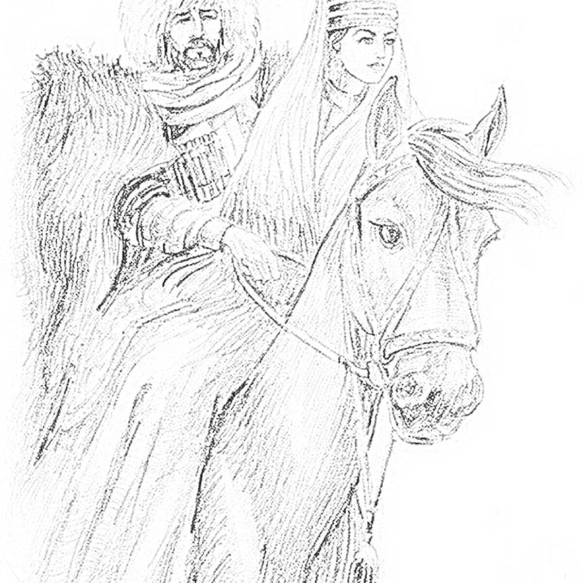 Раскраска Мужчина в традиционной одежде с женщиной на лошади