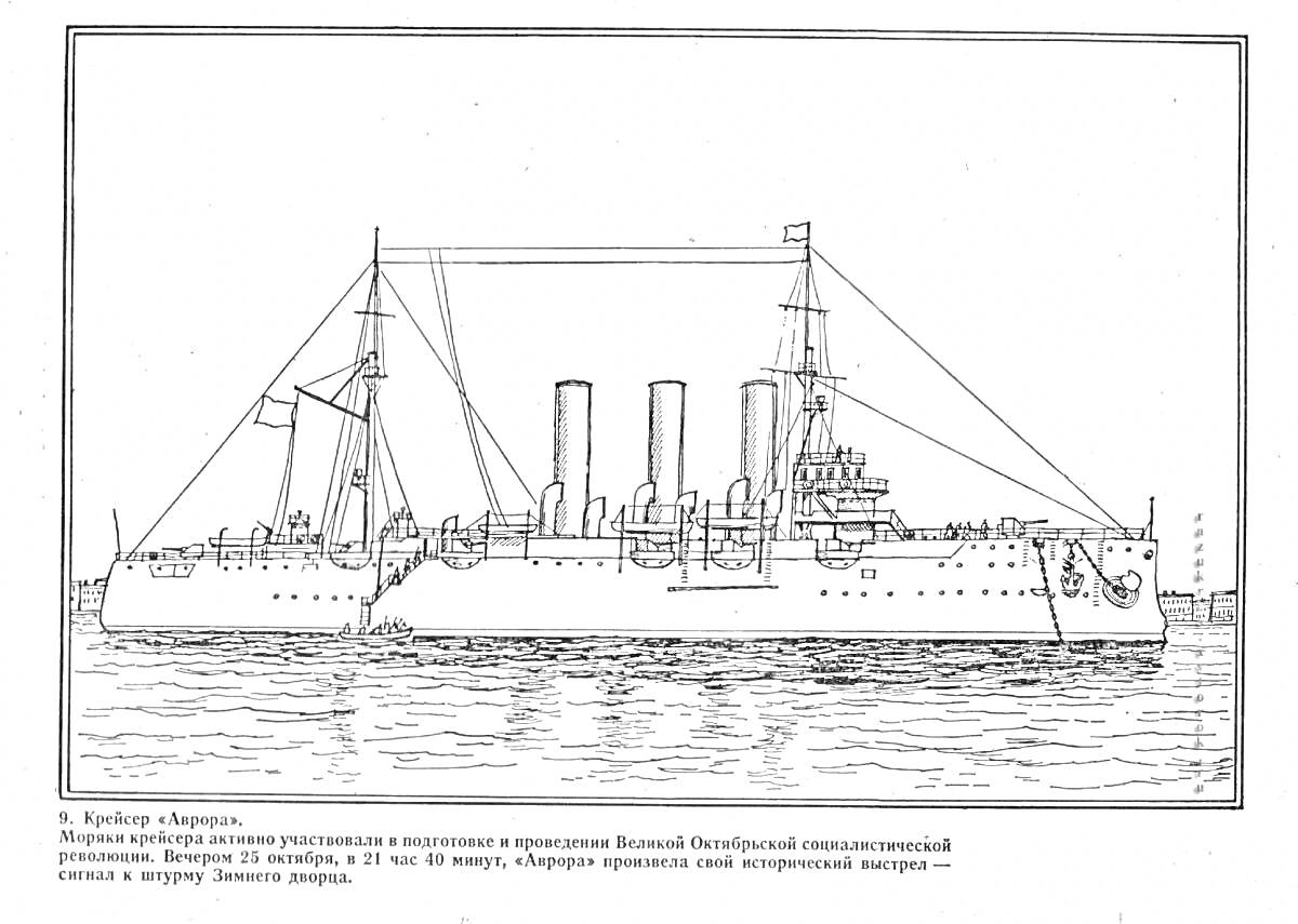 На раскраске изображено: Крейсер, Аврора, Корабль, Море, Вода, Палуба, Вооружение