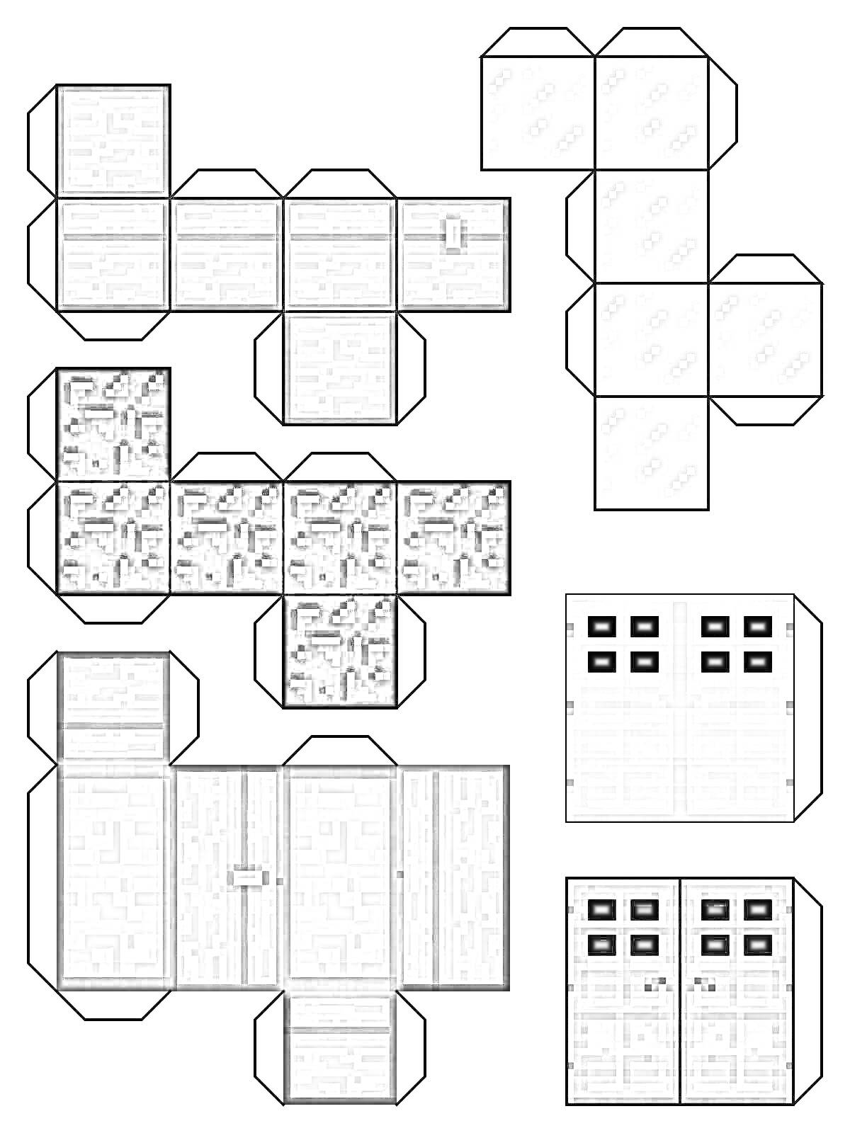 Раскраска Бумажные сборные элементы из Minecraft: забор, стекло, обсидиан, железная дверь, дубовая дверь